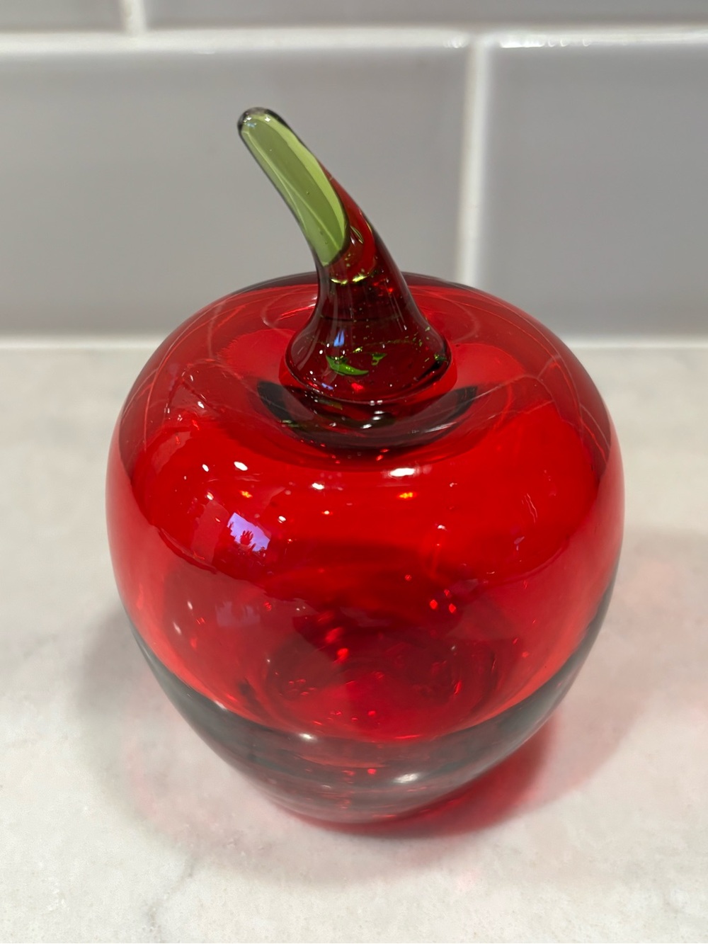 Viking art glass paperweight MCM collectible ruby red apple with green stem